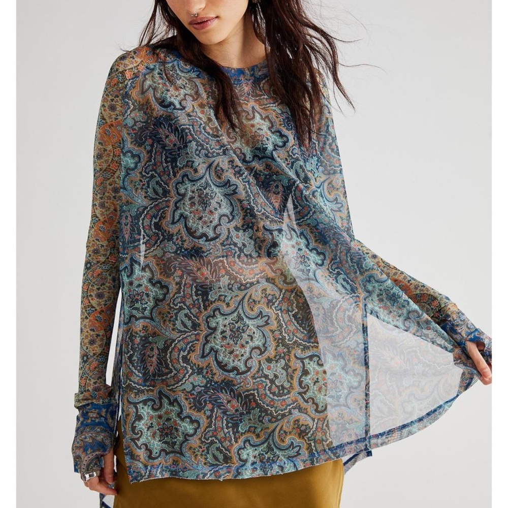 Free People Arianna Paisley Print Mesh Tunic Top